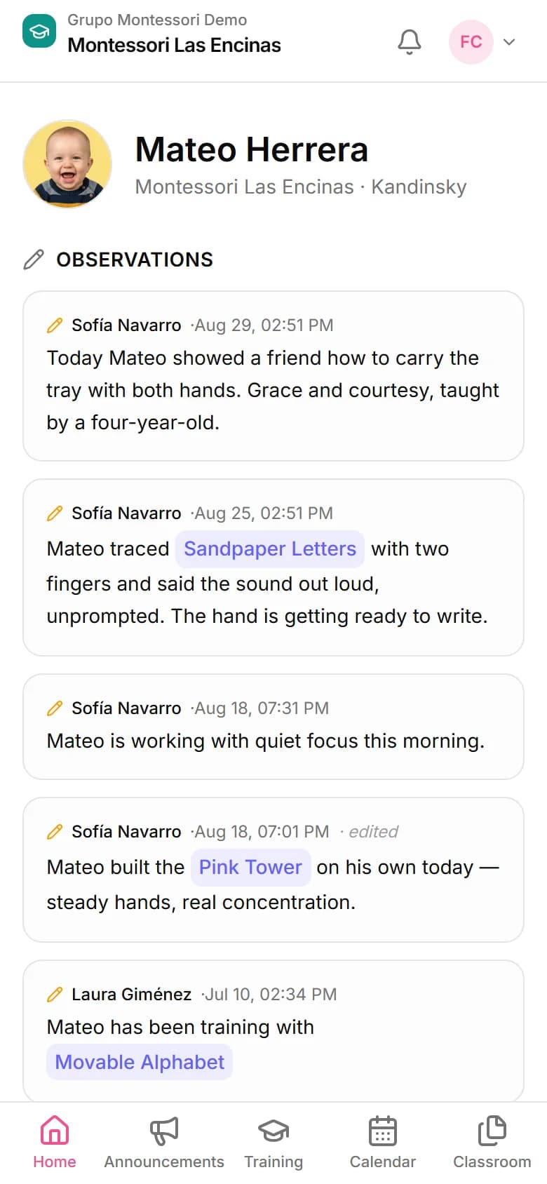 Teacher observations in the family app